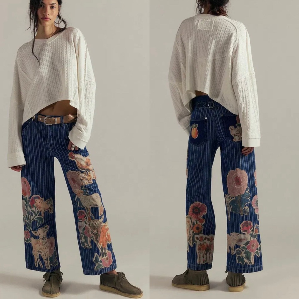 New Free People We The Free Farm To Peach Patched Jeans Barnyard Blue NWT‎ 26 - Picture 10 of 12